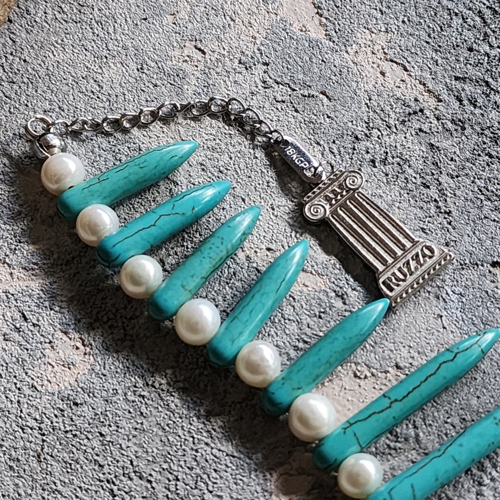 Designer Jewel 18K White Gold Chain Clasp Monogram Authentic Pearl Blue Stones - Picture 9 of 11